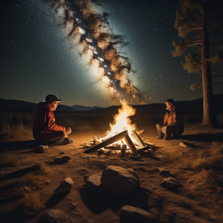 two persons sitting by a campfire