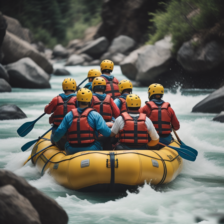 a group of people rafting